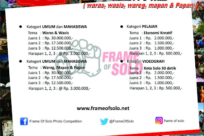 Lomba Foto Frame of Solo 2016 dengan total hadiah 150 Juta rupiah. Tema: 3 WMP (Waras, Wasis, Wareg, Mapan & Papan)