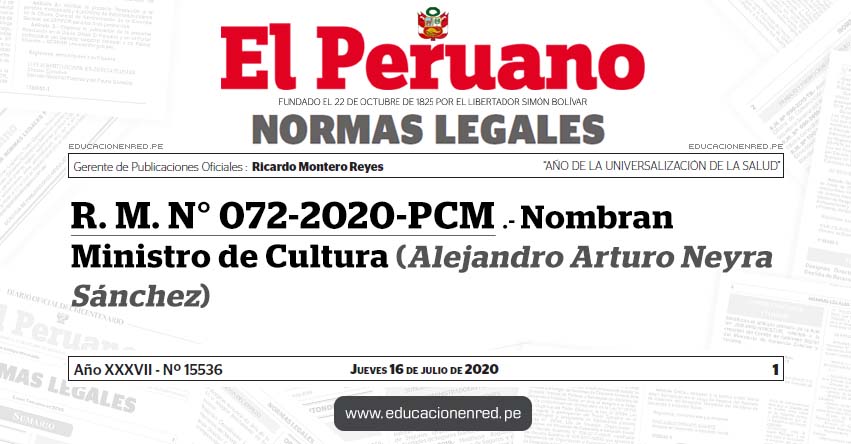 R. M. N° 072-2020-PCM.- Nombran Ministro de Cultura (Alejandro Arturo Neyra Sánchez)