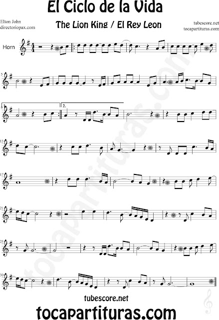 Partitura de El Ciclo de la Vida de Cornos en Mi bemol y Trompa. Partitura de Cornos y Trompa de El Rey León en clave de sol. Circle of life Horn music scores, Horns sheet music for The Lion King