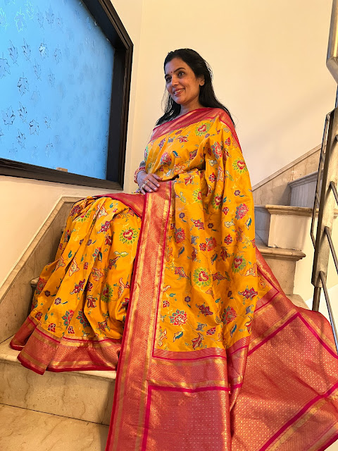 Sunshine yellow mushroo silk minakari saree