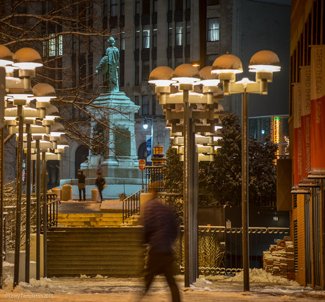 Portland, Maine USA December 2016 photo by Corey Templeton. Looking up Monument Way towards the Square and the Our Lady of Victories statue (The Portland Sailors and Soldiers Monument).