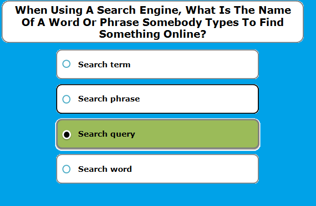 When using a search engine, what is the name of a word or phrase somebody types to find something online correct answer?