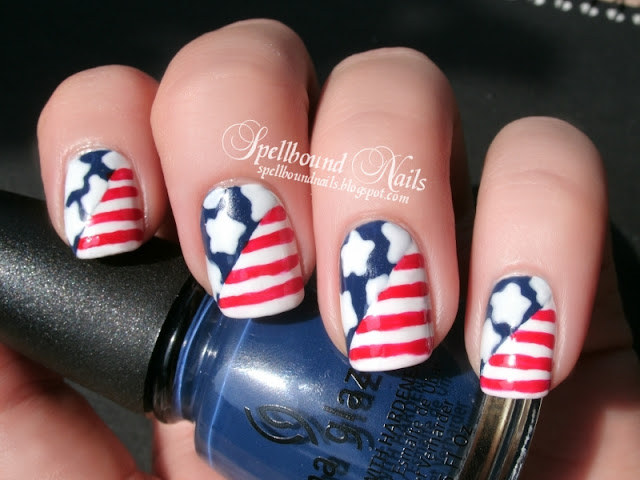 4th of July Memorial Day USA flag United States of America red white blue stars stripes nail art nailart mani manicure Spellbound Nails handpainted hand painted freehand