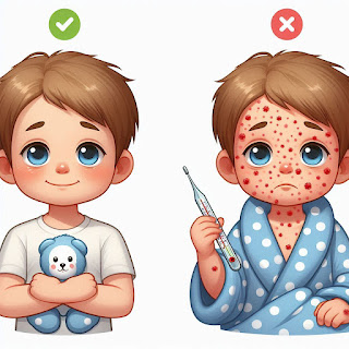 A child with measles symptoms, including fever, cough, and rash.