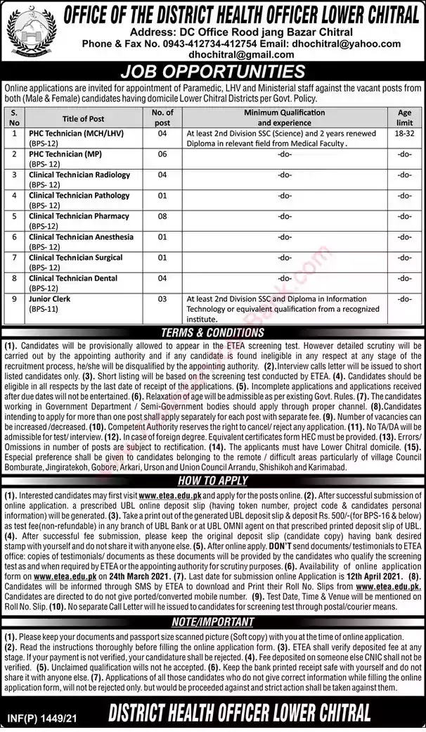 New Jobs in Pakistan Health Department Lower Chitral Jobs 2021 | Apply Online