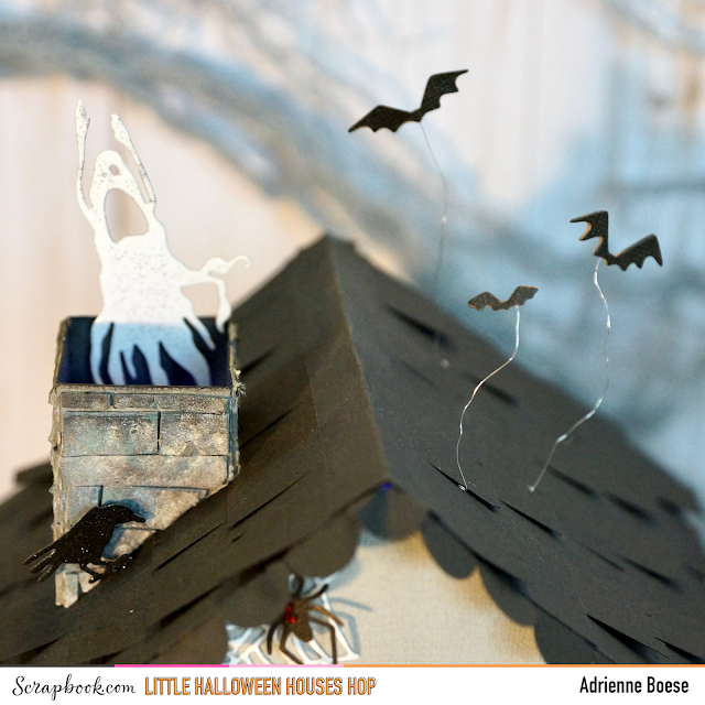 Scrapbook.com Tiny Halloween House Hop tutorial dead and breakfast: Tim Holtz, distress ink, die cut, raven, funky floral, regions beyond, frightful things, gate keeper, bats, spider, spiderweb, ghost, tiny lights, classic kraft cardstock, mixed media, Finnabair, impasto paint, glitter paper, stone effect, miniature house, mini house, little house