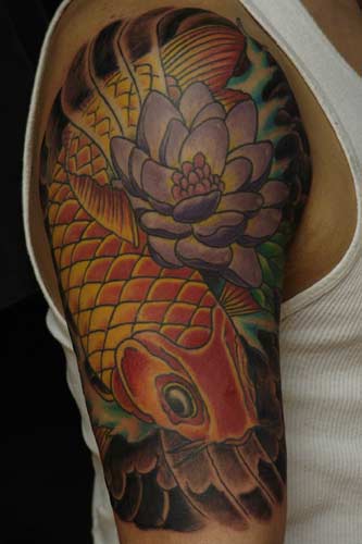 flower sleeve tattoos. Koi fish and lotus flower idea