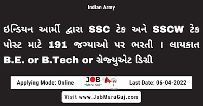 Maru Gujarat Job of Indian Army Vacancy 2022 for SSC Tech & SSCW Posts - Jobs in Across India - Last Date 06 April 2022