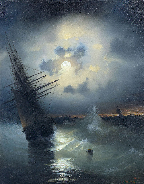 an Ivan Aivazovsky painting of slanting ships in rough seas