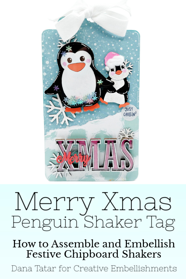 Merry Xmas Penguin Shaker Tag with Chipboard Snowflakes