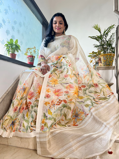 Linen floral saree