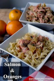 A recipe for salmon and fresh oranges in a poppy seed vinaigrette, served over hot pasta. The bright and fresh flavors of this dish lighten up the dark winter days.