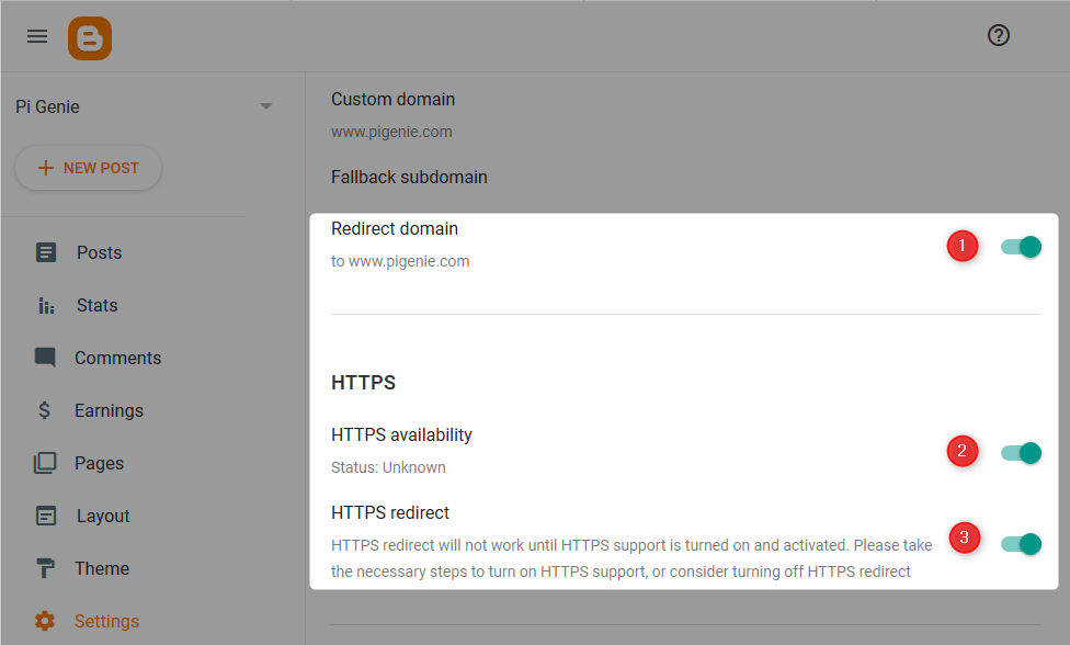 Enable HTTPS, Domain Redirect in Blogger