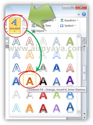  Gambar: Cara menambahkan wordart ke dalam dokumen microsoft word 2010