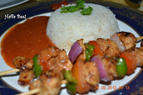 Chicken shashlik| Sauce| Rice| Boiled rice| Spicy| Snacks| Meal| Capsicum| Onion| Tomato| Shashlik sticks