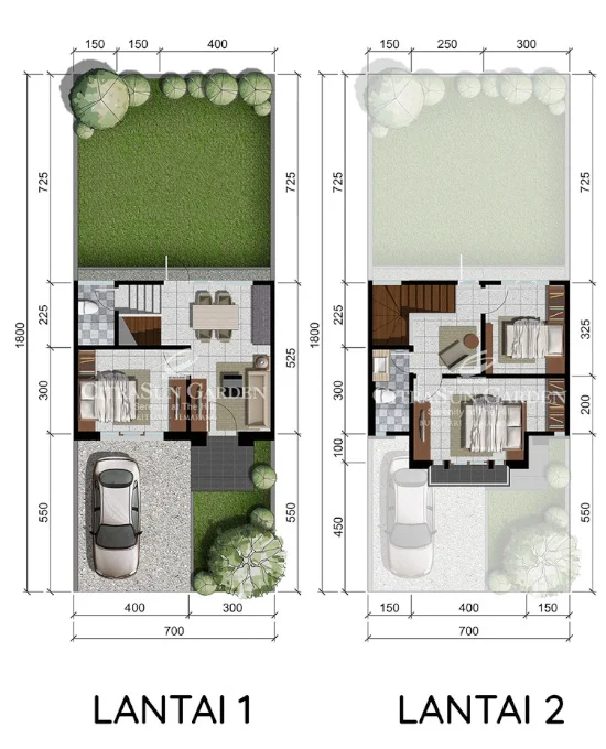 Denah rumah minimalis ukuran 7x18 meter 3 kamar tidur 2 lantai