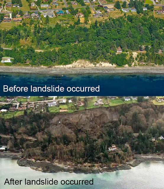 Before and after photos of the Ledgewood landslide, which struck Whidbey Island, Washington on March 27, 2013. Photo shows landslide destroyed or damaged several buildings on top of and at base of ocean bluff.Photo composite by Washington State DNR