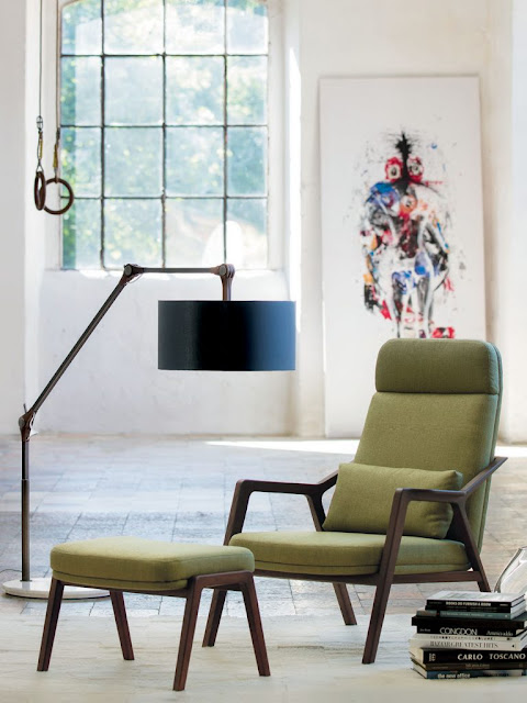 modern green mid century armchair and footstool