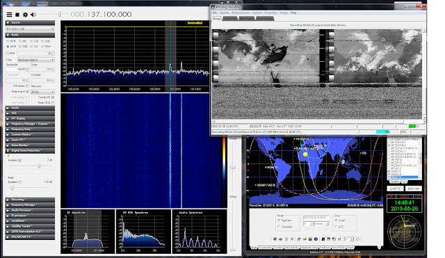 Software setup for receiving NOAA 19. Left the SDR# tuned at 137.1 MHz using the RTL Dongle, right top the WXtoImg  to decode the image, and right bottom orbitron for tracking the satellite.