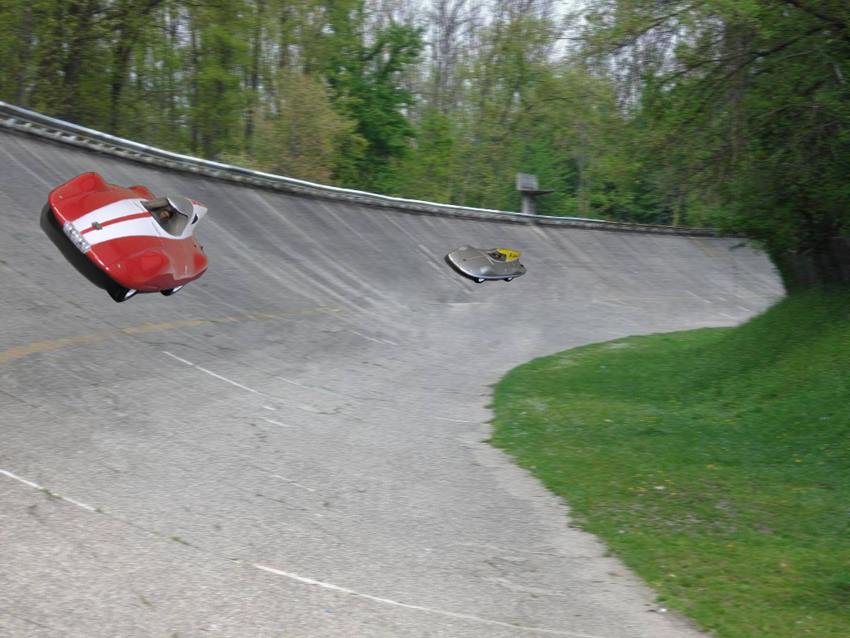 silver and yellow car is the Bertone Fiat Abarth 500 streamliner