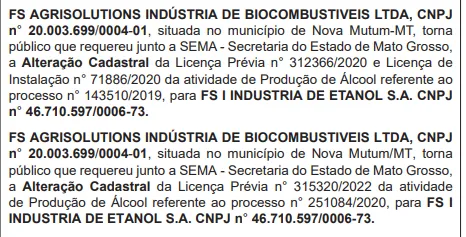 Imagem mostra publicação da FS Agrisolutions na edição de 10/08/23 do Diário Oficial do Mato Grosso