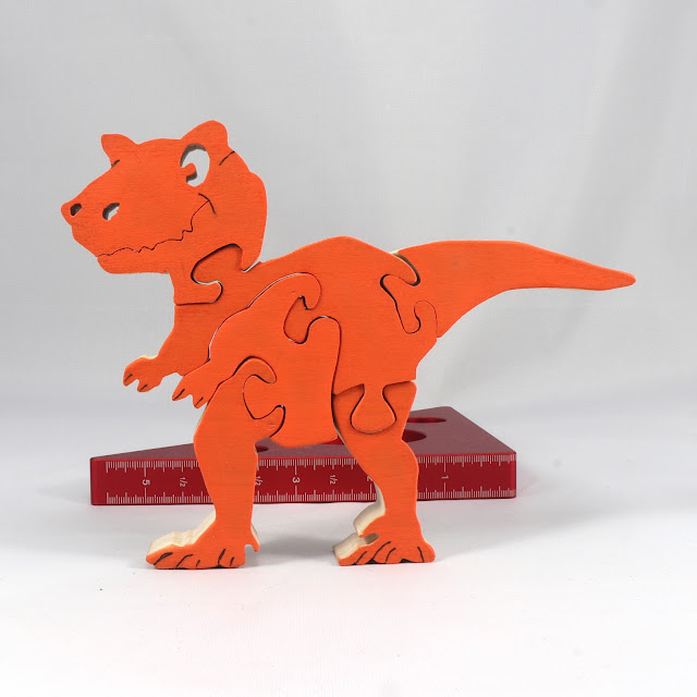Wood Dinosaur Tray Puzzle, Handmade and Finished with Amber Shellac and Orange Acrylic Paint