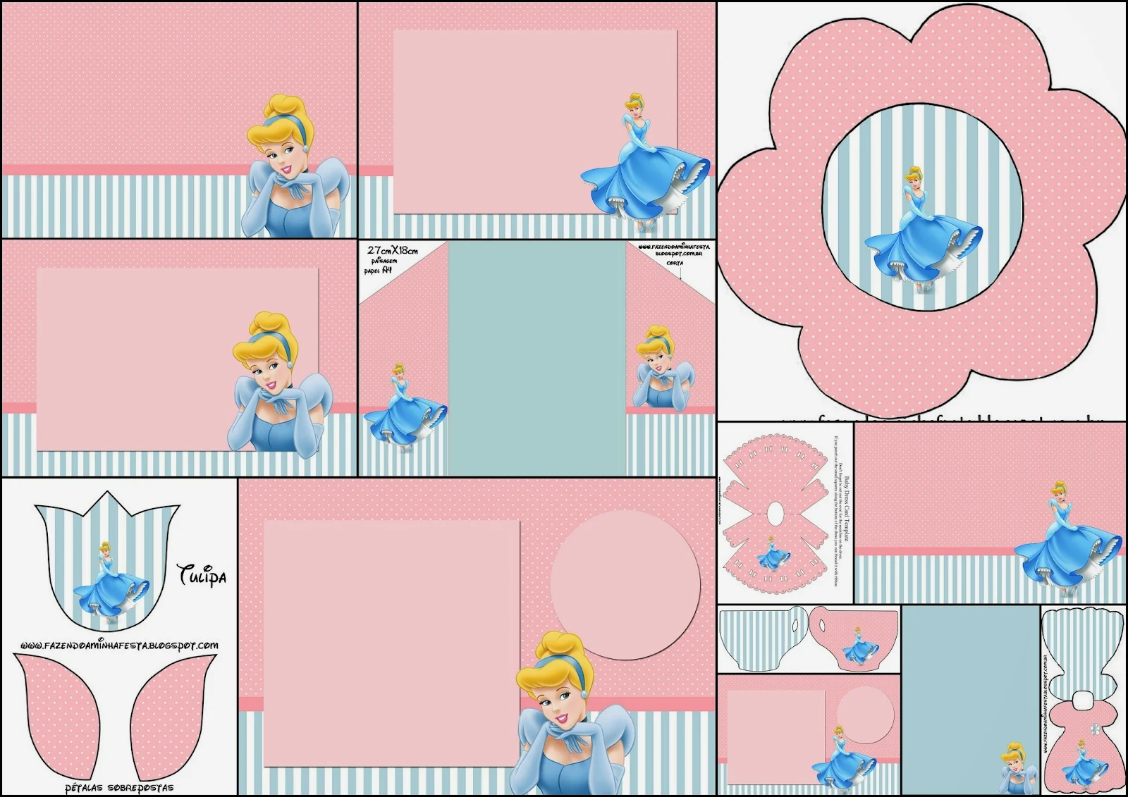 Cinderella in Pink and Light Blue: Free Printable Invitations. 