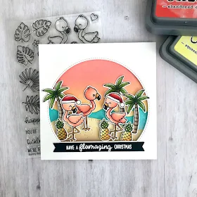 Sunny Studio Stamps: Stitched Semi-Circle Dies Fabulous Flamingos Catch A Wave Dies Tropical Scenes Christmas Card by Tammy Stark
