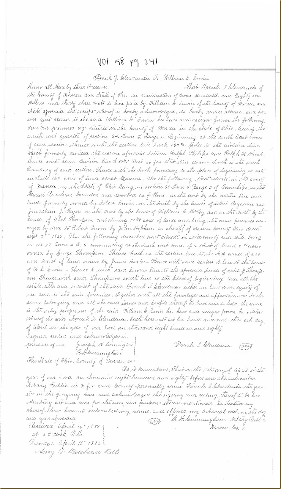 Frank J. Clendenen sold to William Cox Irwin 5 April 1880