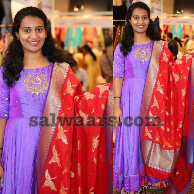 Violet Salwar Red Silk Duppatta