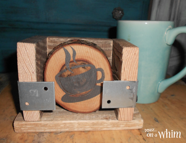 Coffee Themed Log Slice Coasters in an Industrial Holder from Denise on a Whim