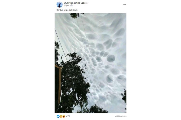 Penampakan awan berbentuk gumpalan, BMKG menyebut awan ini adalah awan mammatus.(FACEBOOK.com/WUKIR TENGAHING SEGORO)