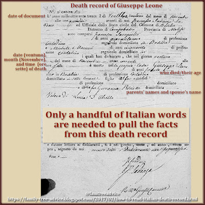 Where to find the key facts on an Italian death record.
