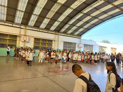 Foto 3: Alumnos en el patio formados durante el acto.