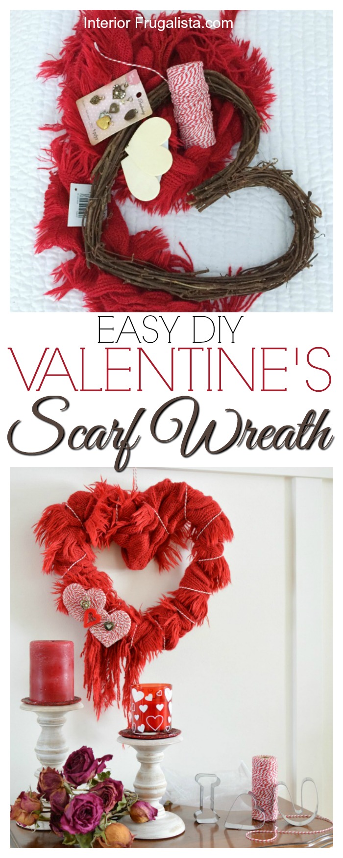 A quick, easy, and budget-friendly Valentine heart wreath idea made with a recycled red scarf. Once Valentine's Day is over, it can be worn again. #valentinewreath #heartwreath #scarfwreath #valentinecraft