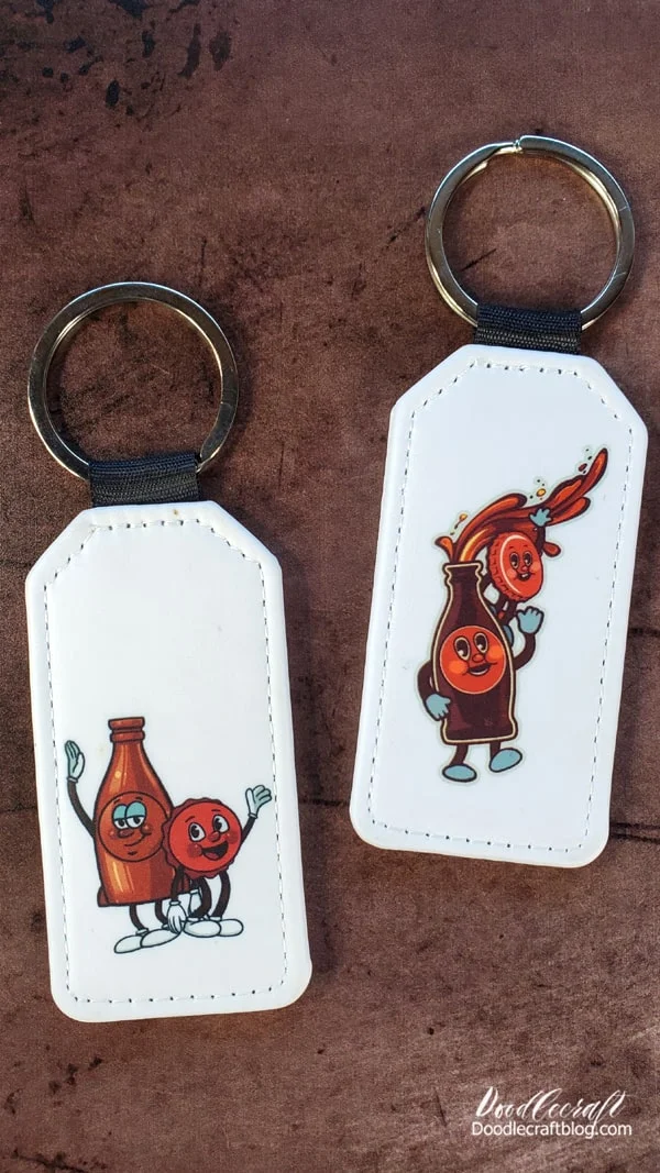 The keychains are vivid in full color sublimation on high quality PU leather--they are a unique way to show off your favorite characters--like Bottle and Cappy!