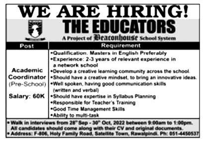 Jobs in The Educators School Rawalpindi 2022 Advertisement