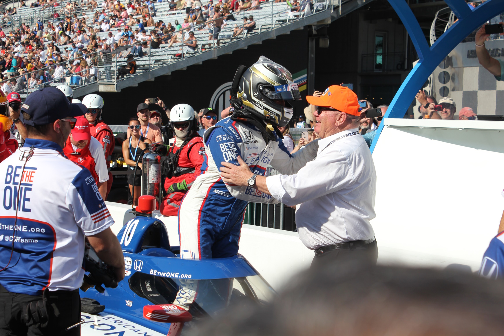 Team owner Chip Ganassi congratulates his driver Alex Palou on Sunday for clinching the pole position with a speed of 234.21MPH.  The #10 Honda-powered car finished the race 4th .”