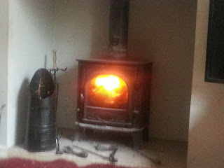 A wood burning stove, with a fire lit, and a scuttle and companion set. Like middle class people have in the country.