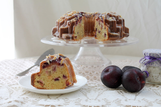 Food Lust People Love: This Almond Plum Lavender Bundt is a rich, buttery pound cake, made with ground almonds and fresh plums, with the subtle floral note of summer lavender.