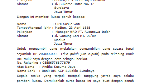 Surat kuasa terbagi kedalam tiga macam yakni sebagai berikut Contoh Surat Kuasa Ke Bank Bri