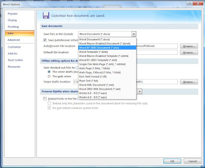 choose-default save file format in word 2007