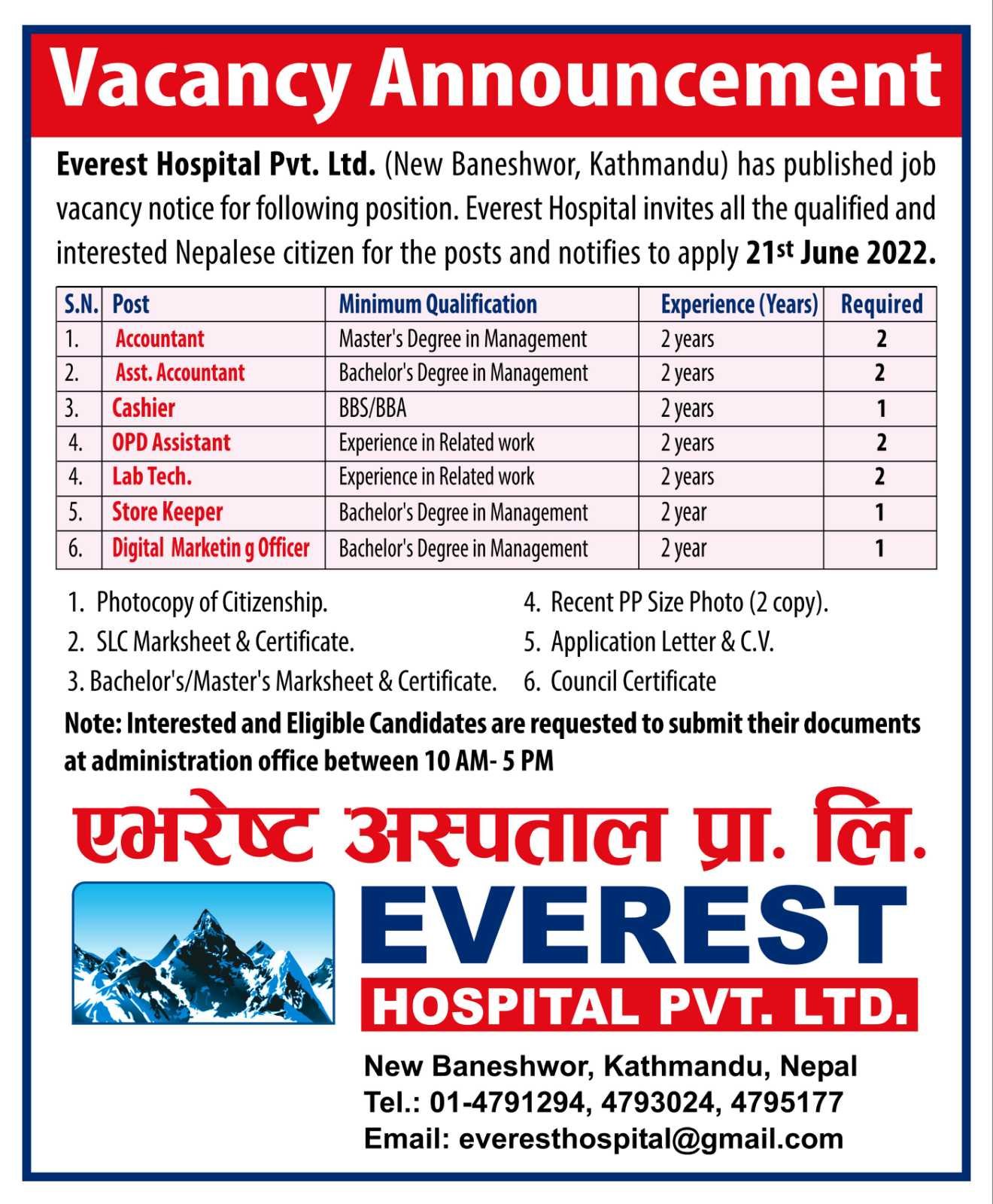 Everest Hospital Vacancy for Various Post