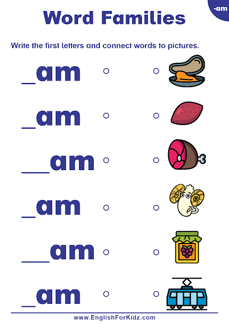 Word families worksheet - am words matching