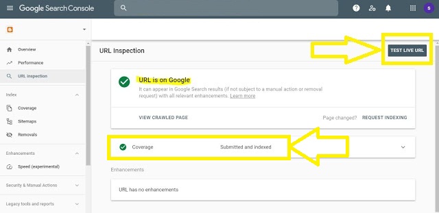 successful indexing of blog post using test live url