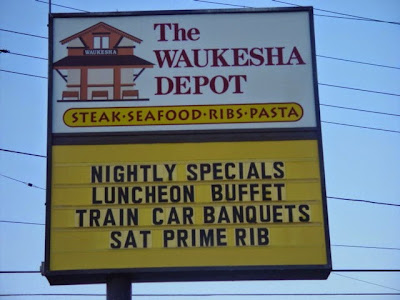 The Waukesha Depot Restaurant Sign at the Milwaukee & Madison Railroad Depot in Waukesha, Wisconsin, on November 19, 2001