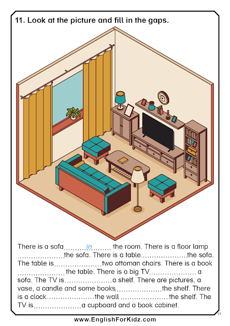 Preposition of place exercise - fill in the blanks worksheet