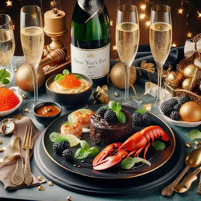 Dieses Bild zeigt die Zutaten für ein Silvester-Menü. Champagnerflasche für den Empfang mit kleinen Canapés als Fingerfood. Kaviar in einer Schale und auf Blinis mit Creme fraiche und frischem Dill. Einen Hummer und Hummersuppe mit einer Einlage aus Hummerfleisch und Sahne. Auf einem Teller liegt Kalbsfilet mit Trüffelsoße, dazu als Beilage Trüffelpüree sowie Babykarotten. Die Schwarzwälder-Kirsch-Torte besteht aus verschiedenen Schichten von Schokoladenböden, Kirschen und Sahne. Sie ist mit Schokolade raffiniert verziert. Dazwischen liegt frisches Baguette in Scheiben und gewürfelter feiner Käse. Einen guten Rutsch ins neue Jahr!