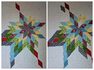 Two collaged photos show the center star of alternating navy and dark red on the left and medium blue and red on the right.