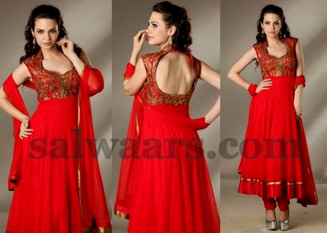 Red Back Neck Chiffon Salwar